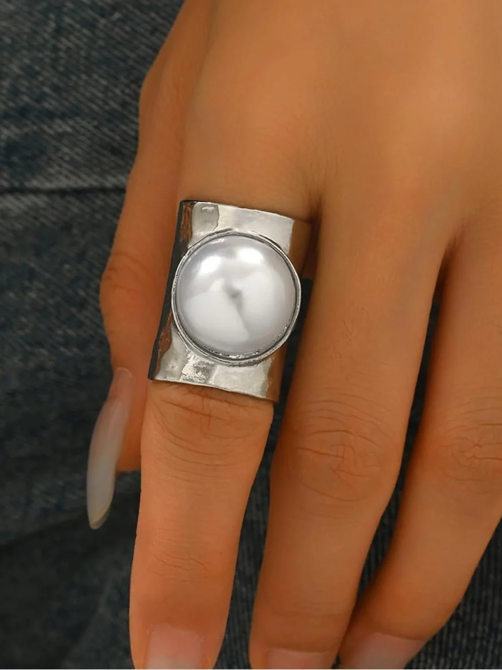 Silver Sculptural Ring with White Pearl
